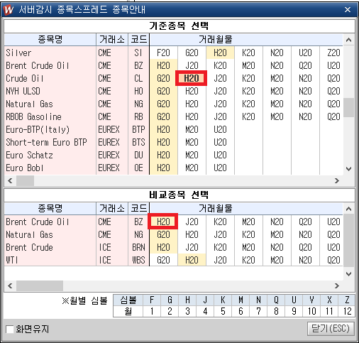 HTS 서버감시 종목스프레드 종목안내 예시화면 - 기준종목 선택 영역과 비교종목 선택 영역으로 구성되어있음